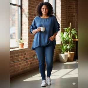 Umgee+ Women's Blue Ruffle Sleeve Blouse 2X New